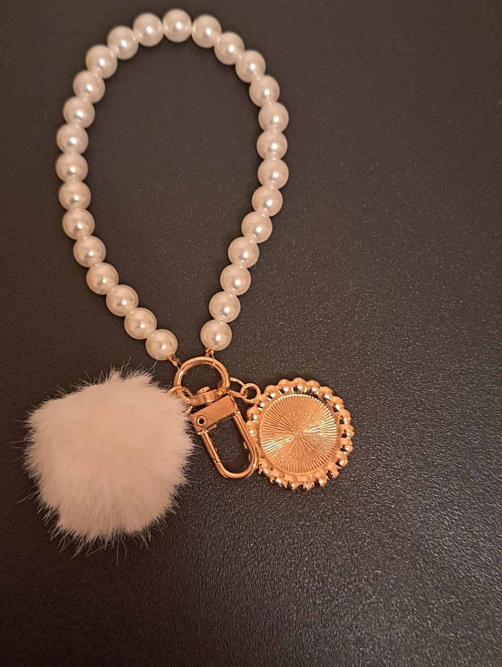 Pearl Beaded Pom Keychain with Bow Charm - Pink & Gold NWOT - Picture 2 of 2